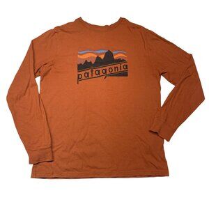 Patagonia Kids M (10) Long Sleeved Graphic Tee Retro Mountain Print Burnt Orange
